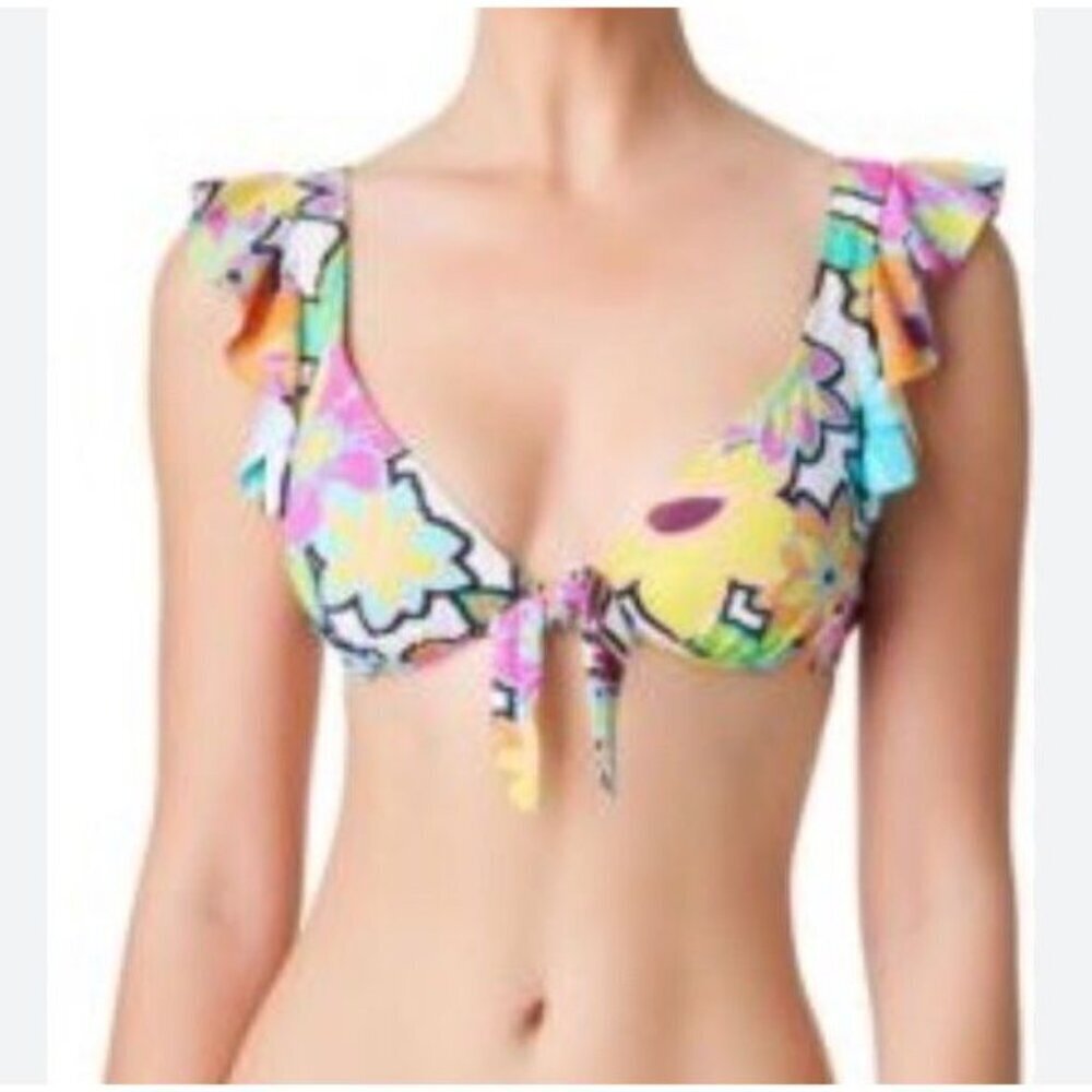 Bleu by Rod Beattie Sz 14 Bikini Top Color Crush Ruffled Tie Front Boho Retro